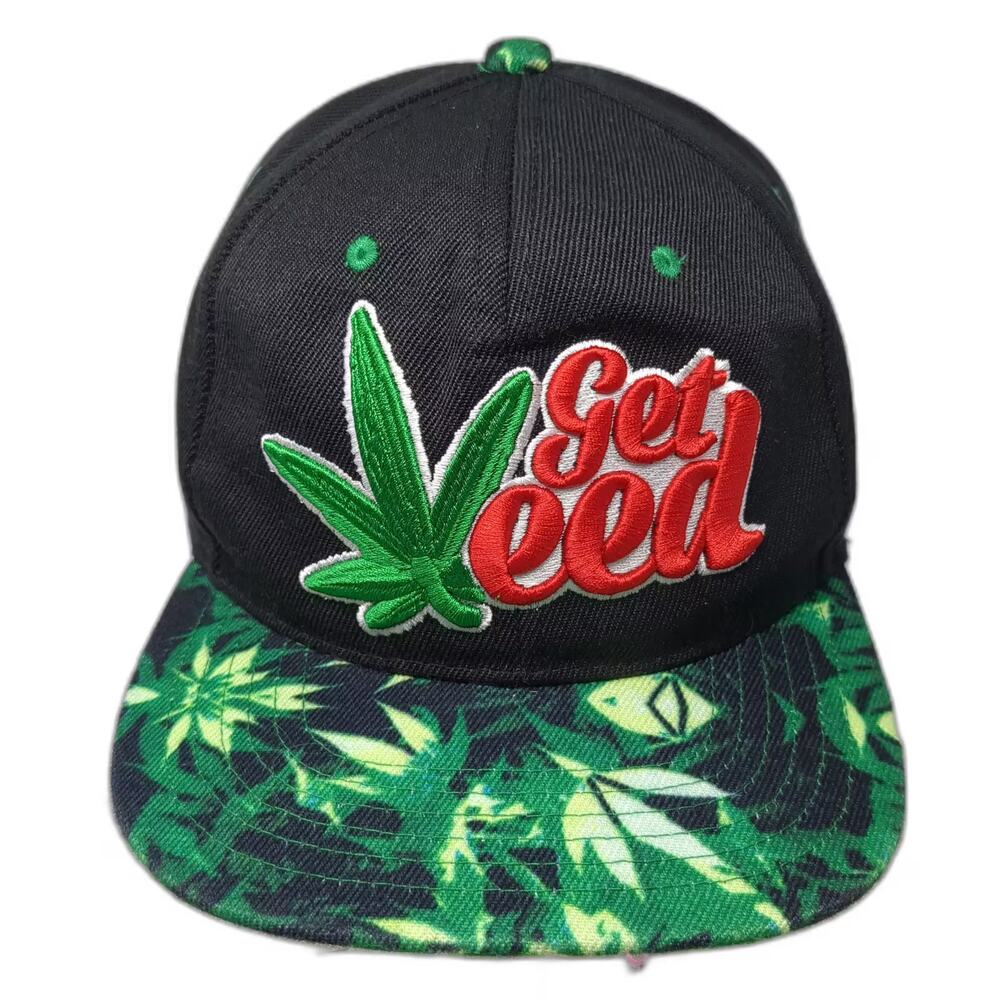 The Supreme Cap Black Green Get Weed Snapback Hat One Size Embroidered Flat Brim